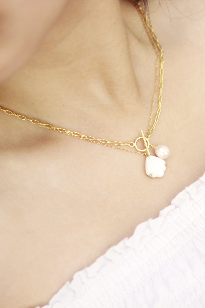 Mya shell necklace and pearl toggle necklace