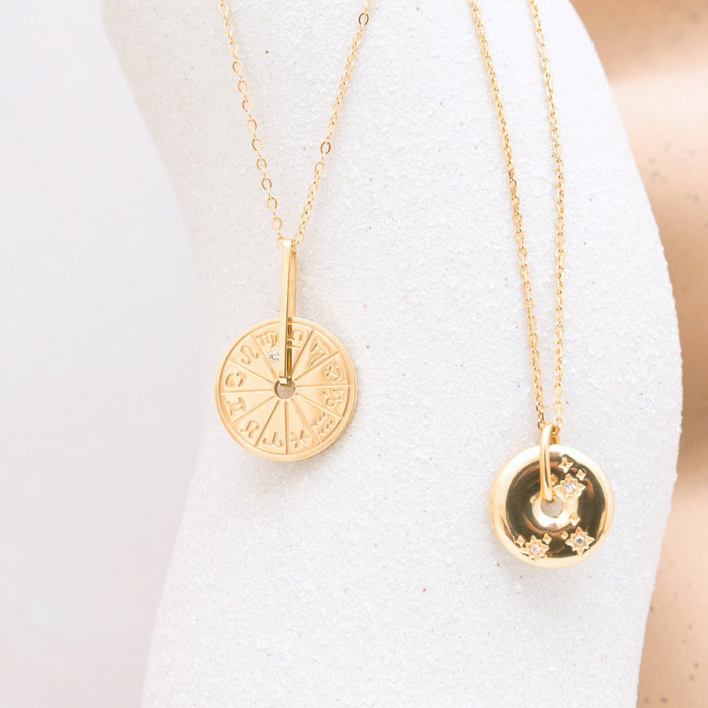 Zodiac dial Necklace and zodiac pendant necklace in gold