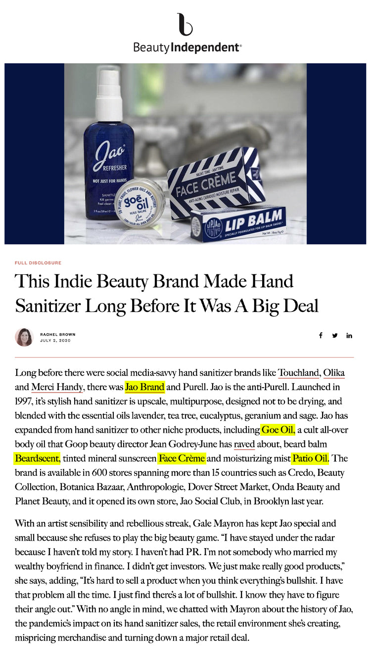 Beauty Independent: This Indie Beauty Brand Made Hand Sanitizer Long Before It Was A Big Deal Jao Brand