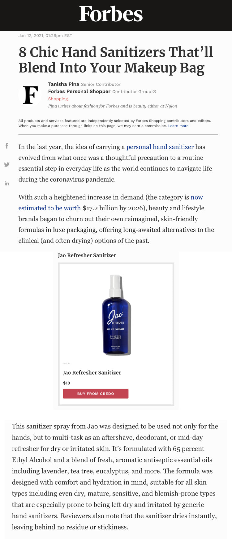 Forbes: Chic Hand Sanitizers That’ll Blend Into Your Makeup Bag Jao Refresher