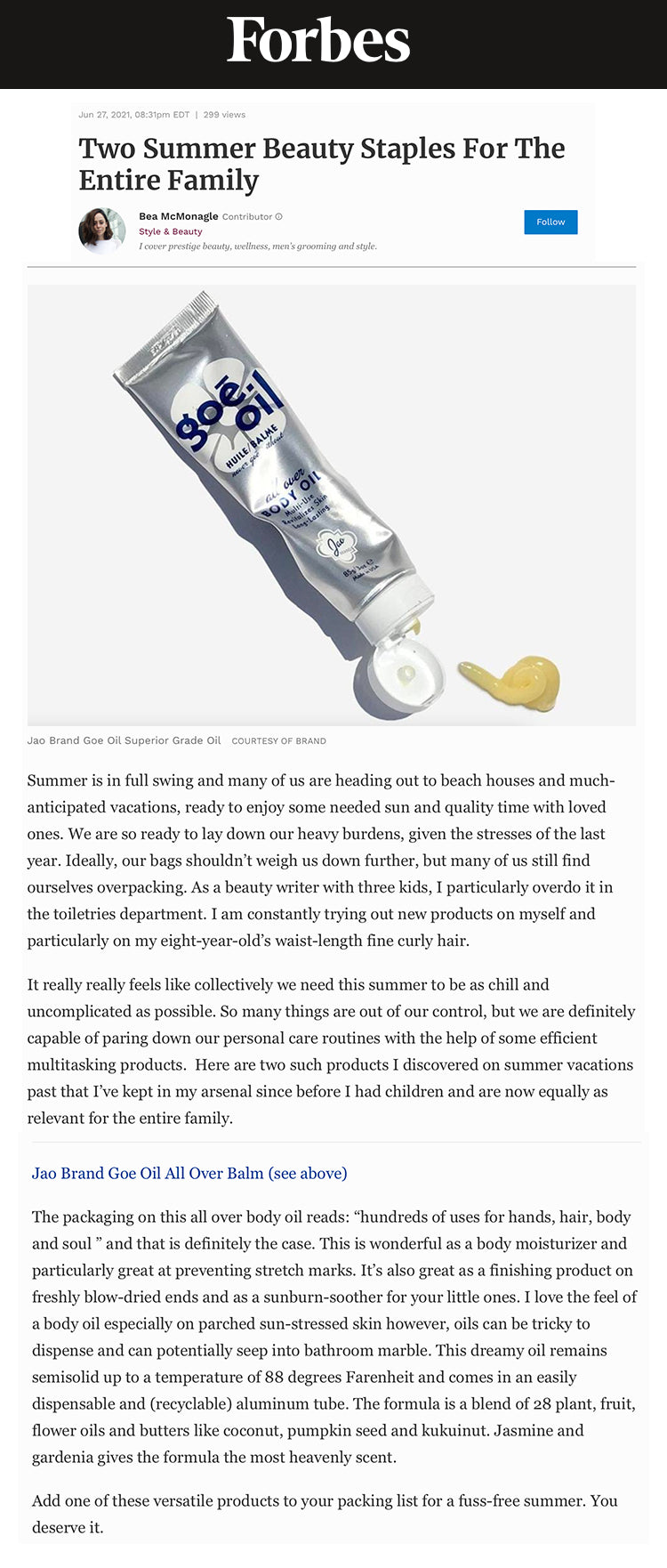 Forbes: Two Summer Beauty Staples For The Entire Family Goe Oil