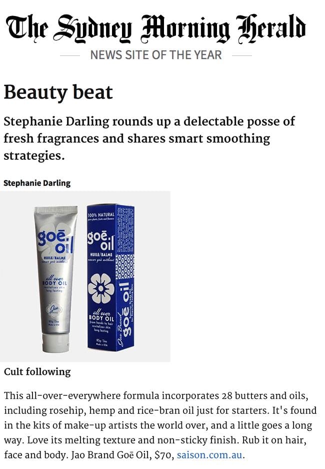 Sydney Morning Herald Stephanie Darling Beauty Beat Goe Oil Cult