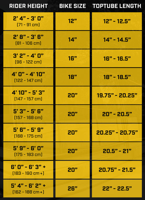 Kink BMX Bike Sizing Charts