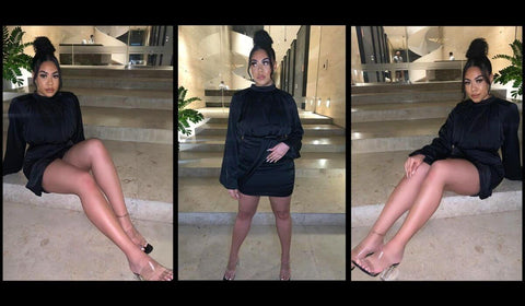 luxurious Black Satin Blouson Dress outfit screams luxe