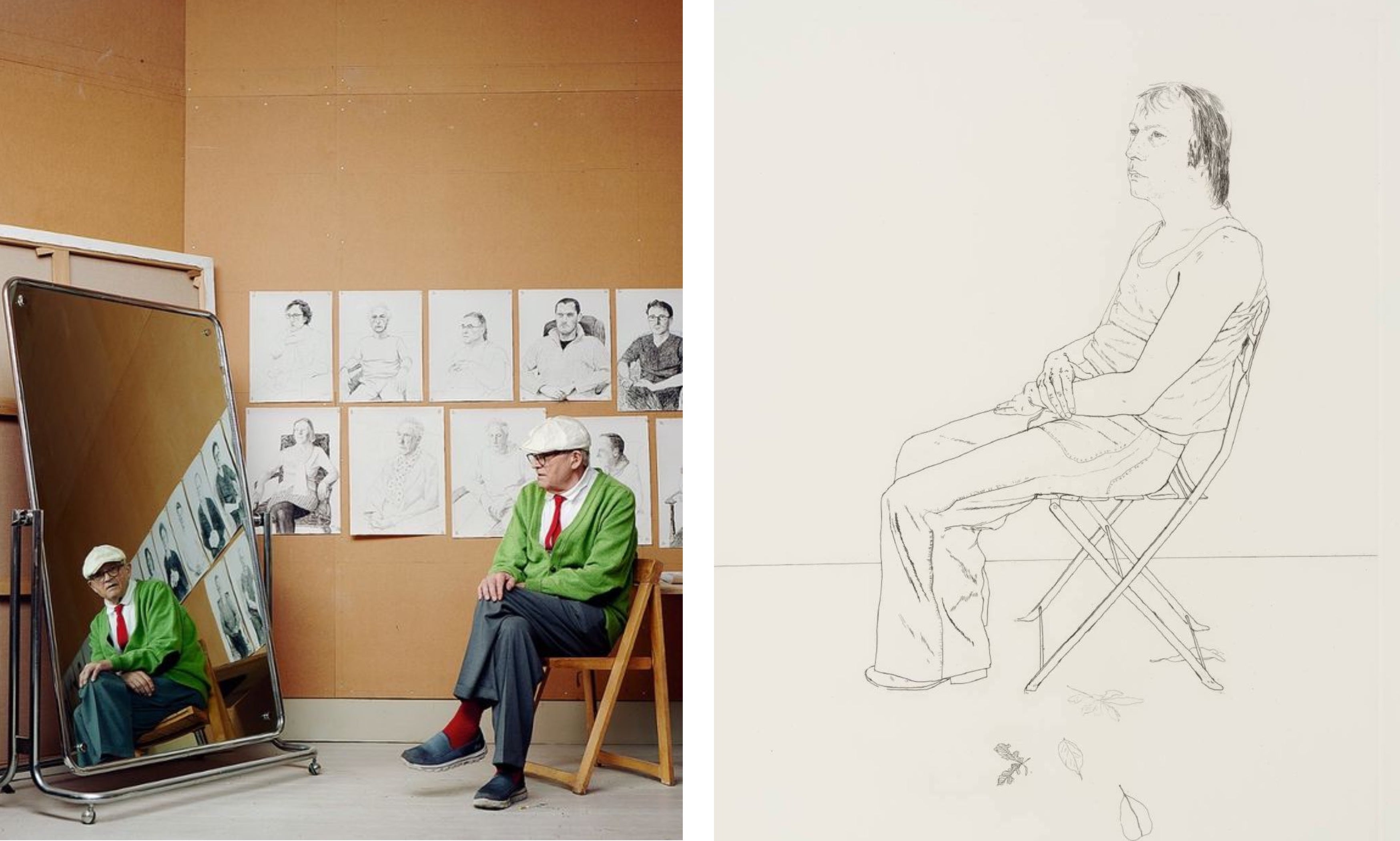 Left: Hockney in his studio, The Guardian, 2016. Right: Mo with Five Leaves, 1971
