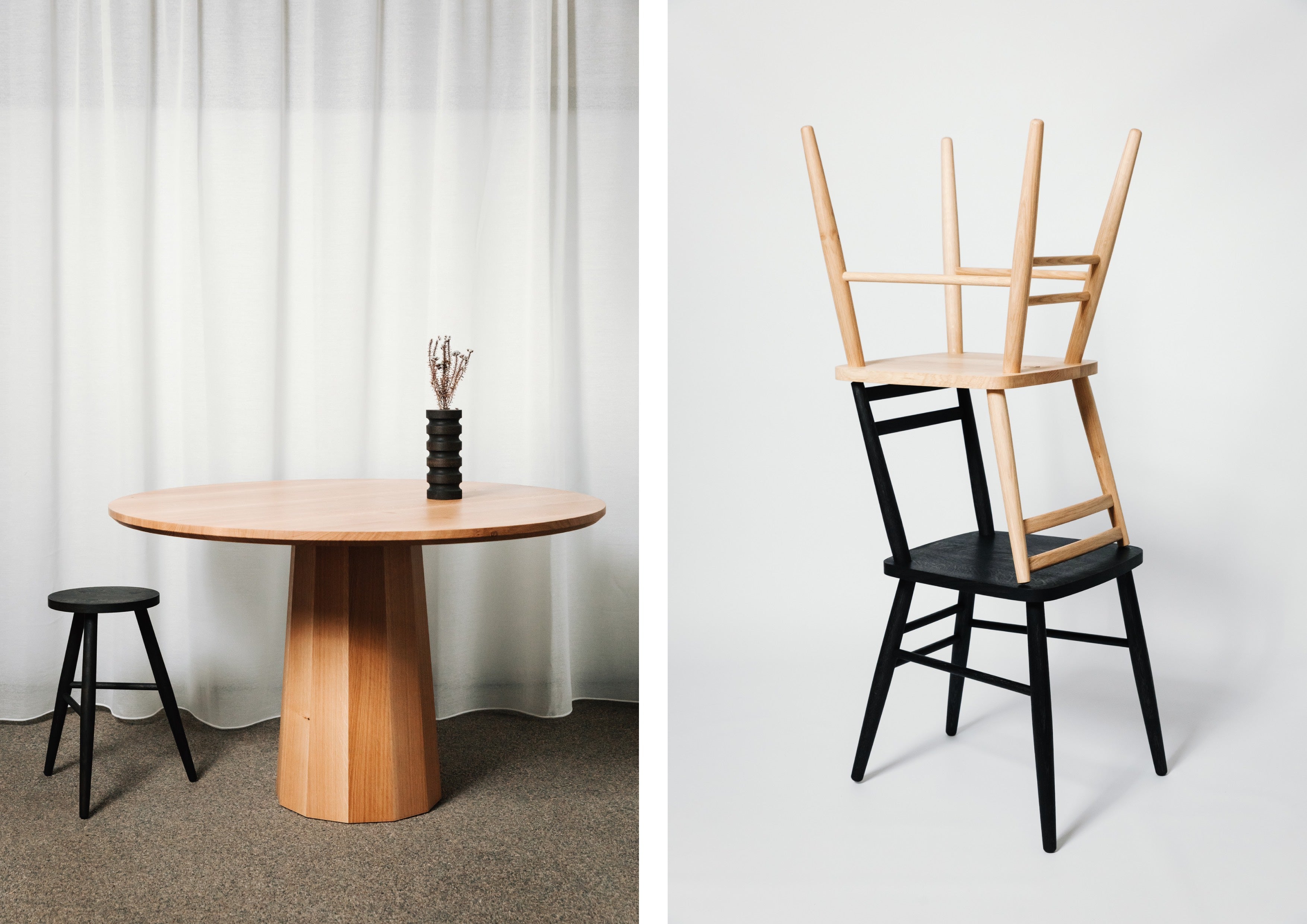 Our Polygon Pedestal Dining Table, Parlour Stool and Parlour Chairs in natural and ebonised oak