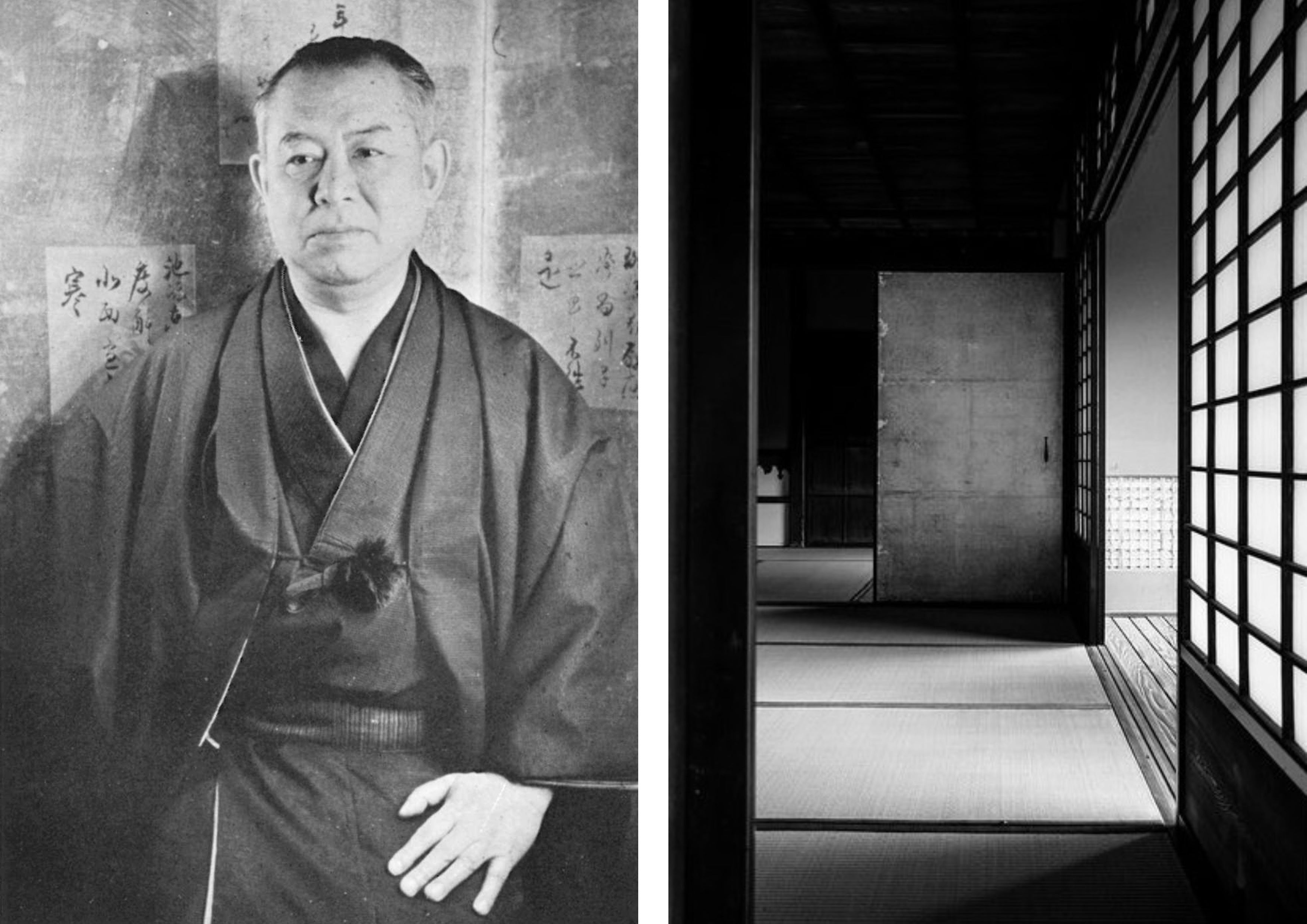  Left: Junichiro Tanizaki. Right: Traditional Japanese Interior, naturally lit.