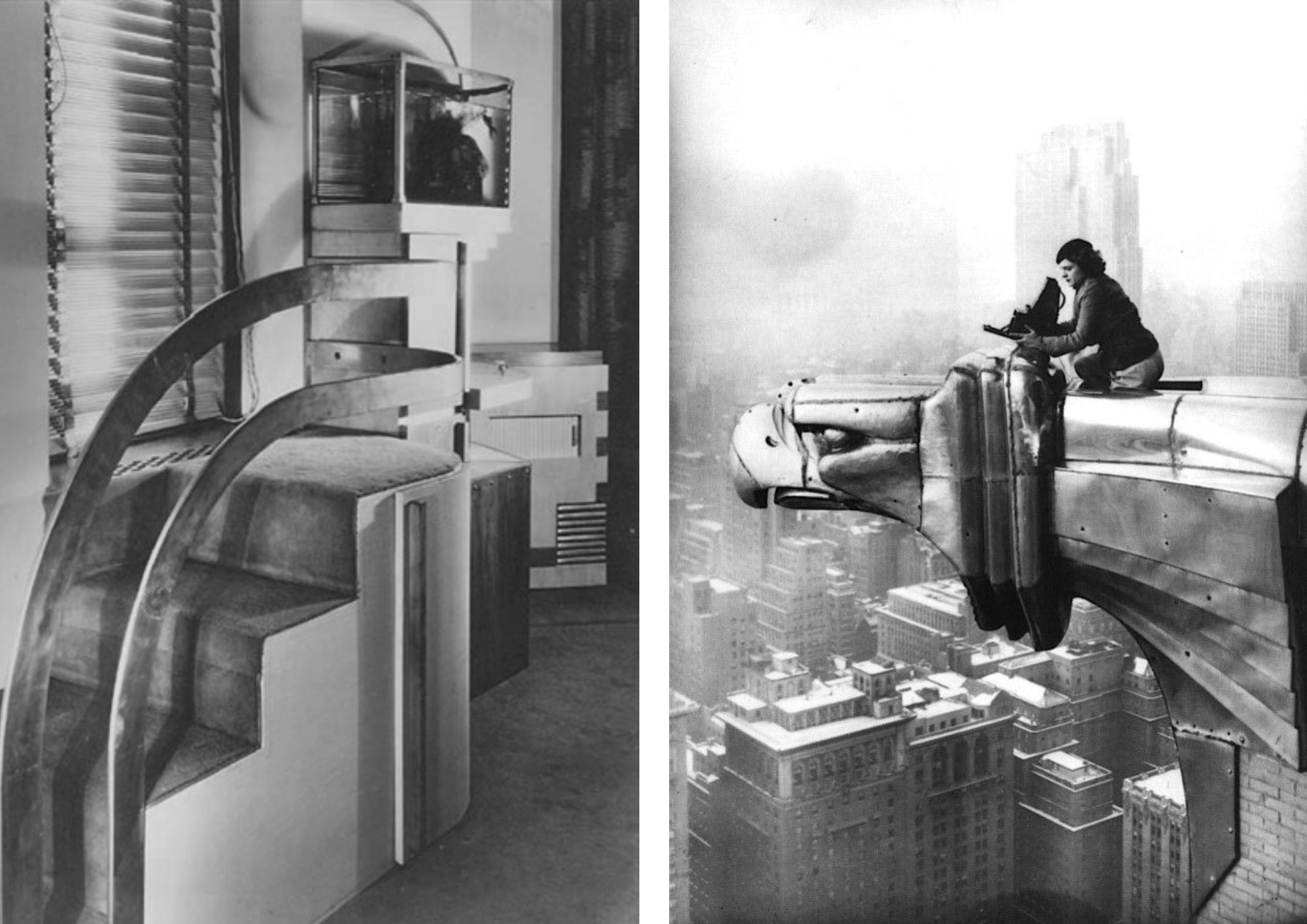 Left: Curved banister design by John Vaccos. Right: Margaret Bourke-White outside her 61st floor apartment, The Chrysler Building, 1931