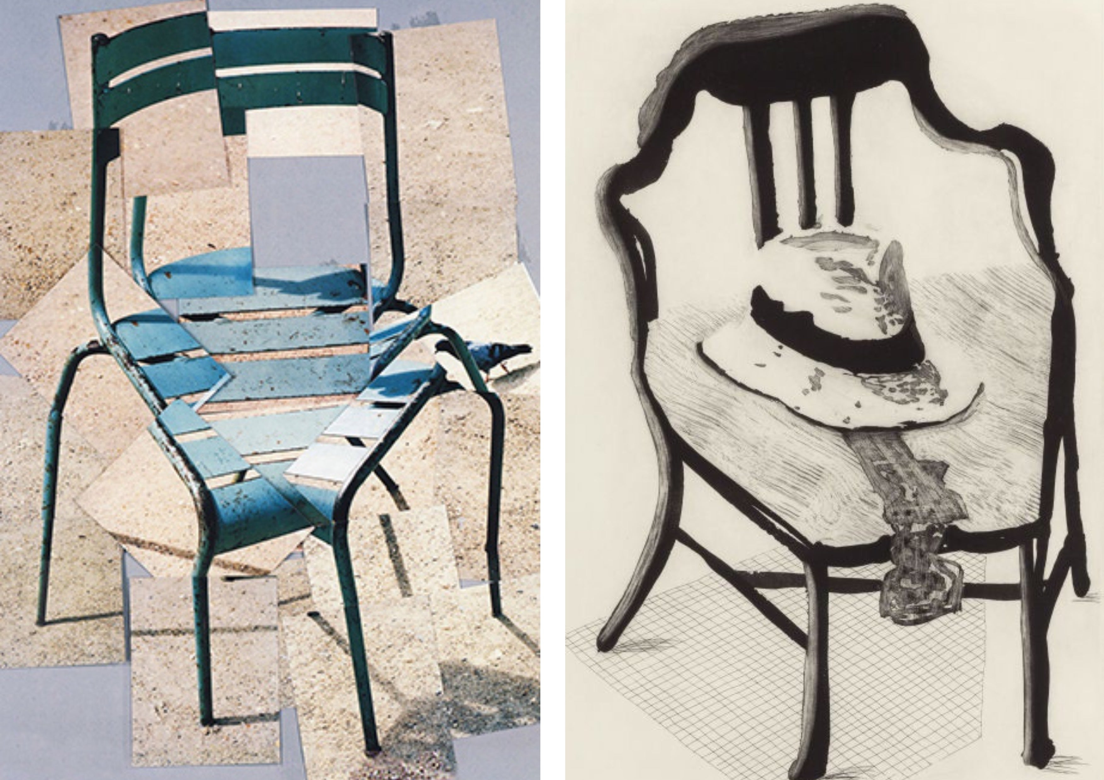 Left: 'A Chair' Photo Collage, 1985. Right: 'Panama Hat with Bow Tie on a Chair', 1998