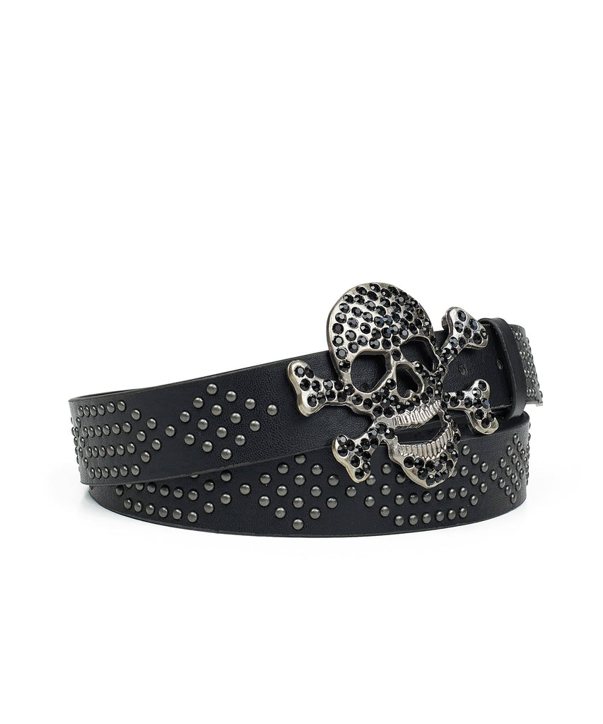 Skull Rivet Buckle Belt Blue Black Glitter Pu Belt Rhinestone