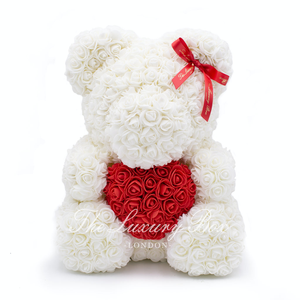 white rose teddy bear