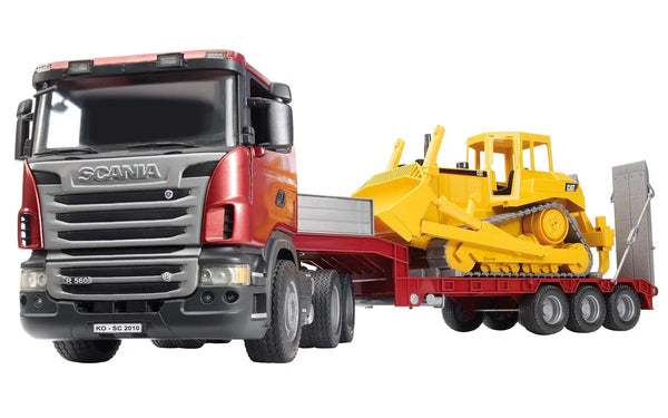 Bruder Scania R-Series Low Loader Truck With Cat Bulldozer