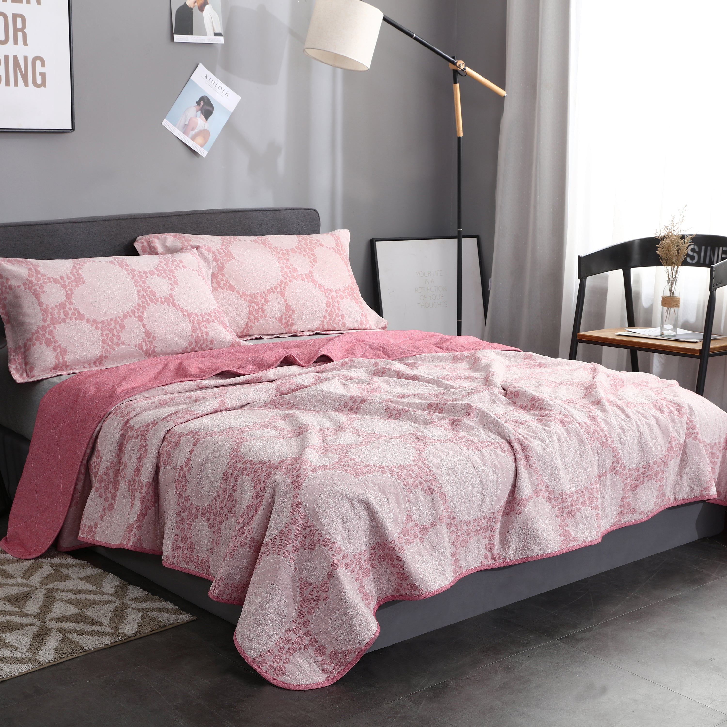 Three Piece 100% Cotton Washed Quilt With 2 Pillow Case Sham Set (Coral Pink, Queen)