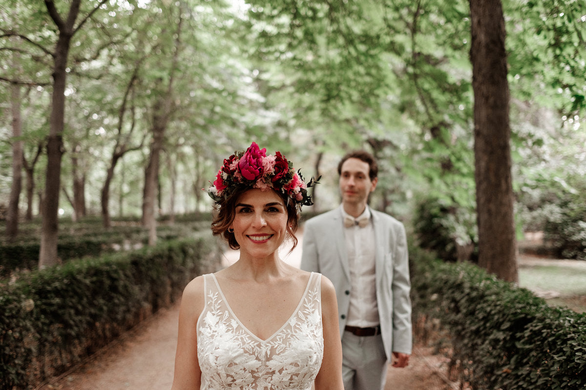 Peony Rice Bride Melda in her custom embroidered tulle wedding gown