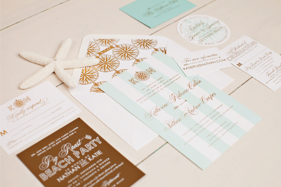 Nico and LaLa | Gold Foil and Aqua Nantucket Wedding Invitations