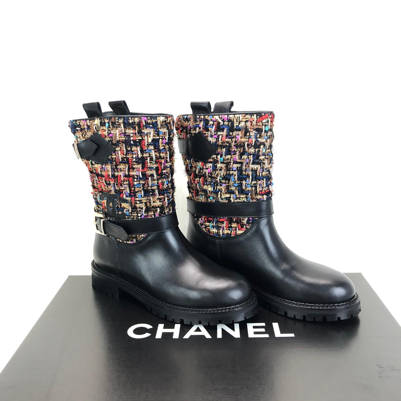 chanel tweed boots