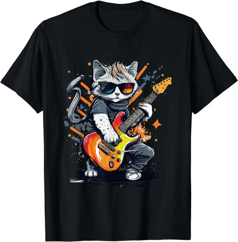 Rock Cat Playing Funny Guitar T-Shirt