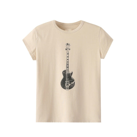 PUWD Casual Women Guitar Print Soft Cotton T-shirt