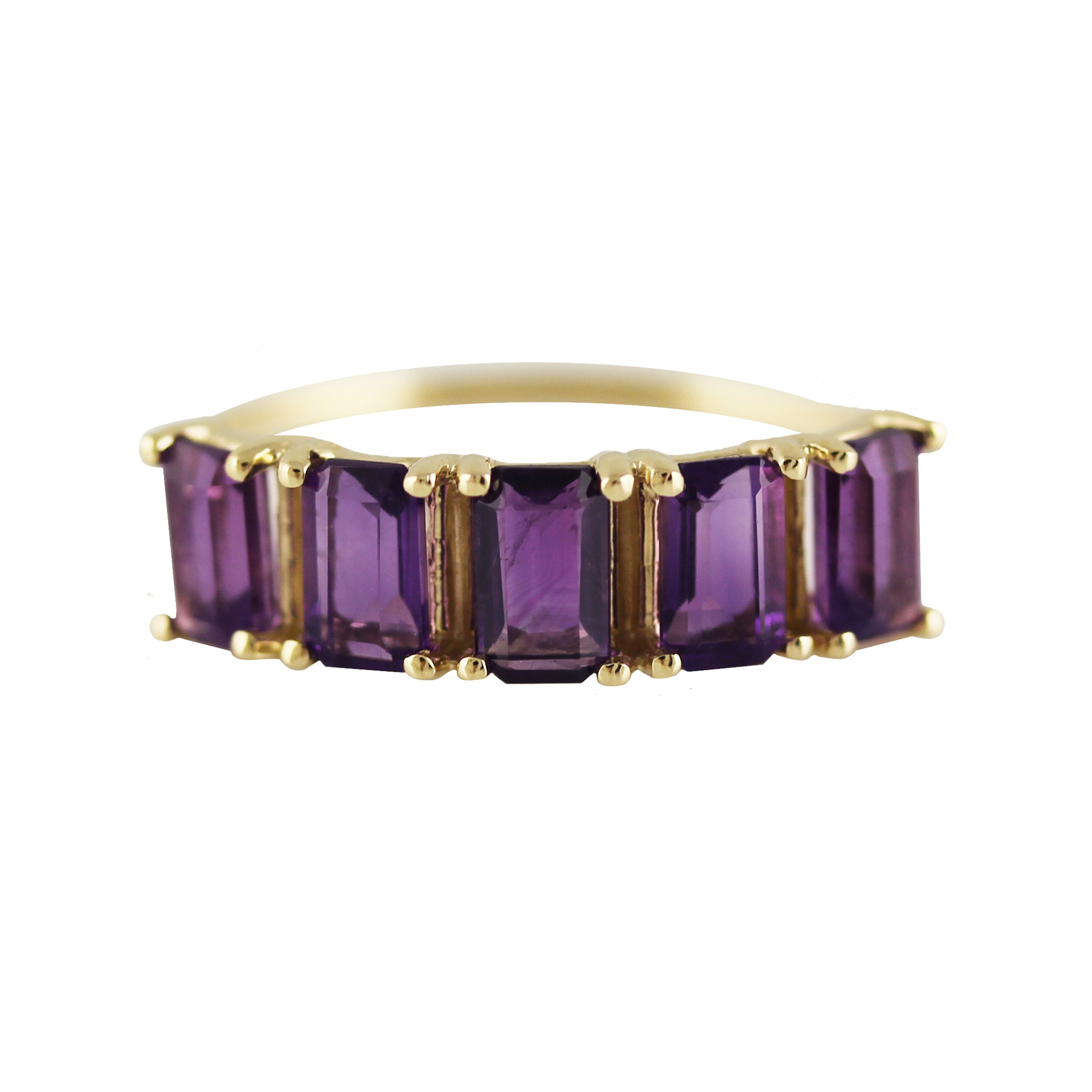 14K FIVE EMERALD CUT AMETHYST RING