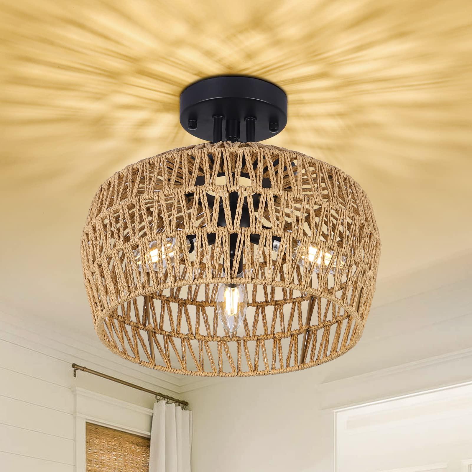 HMVPL Rattan 3-Lights Boho Semi-enclosed Flush Mount Ceiling Light