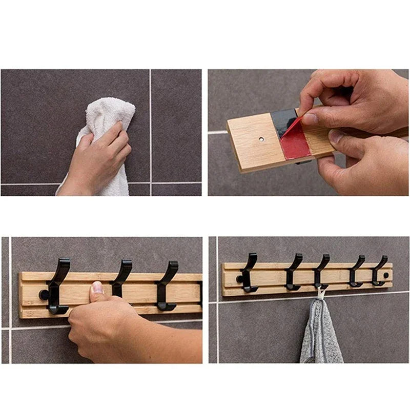 Wall-mounted adjustable bamboo coat rack in a modern home