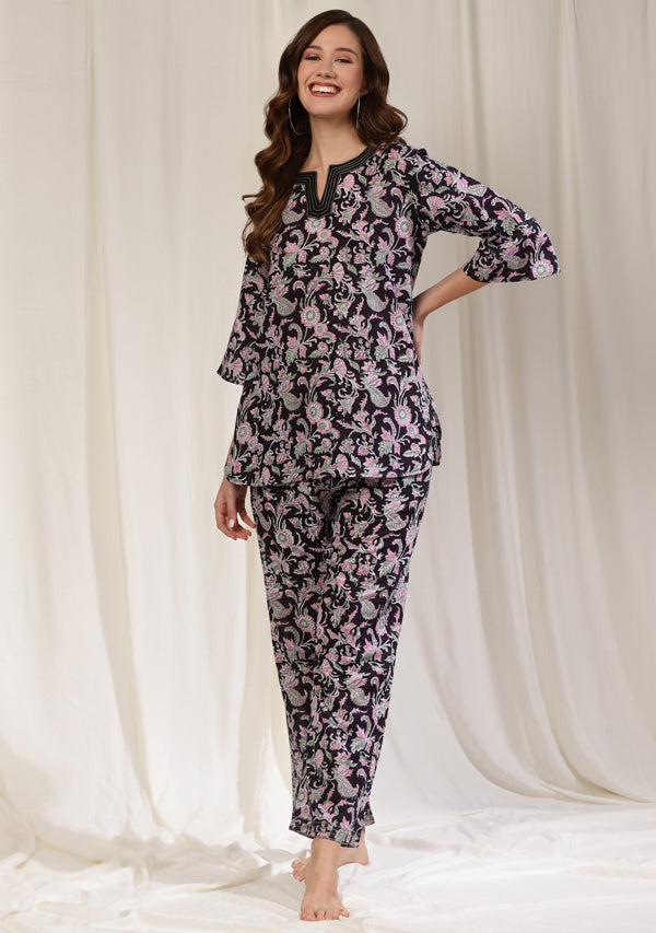 Black Pink Floral Hand Block Printed Cotton Night Suit