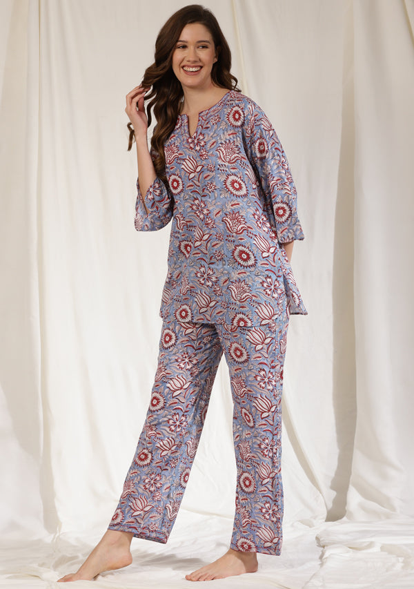 White Pink Floral Hand Block Printed Cotton Night Suit