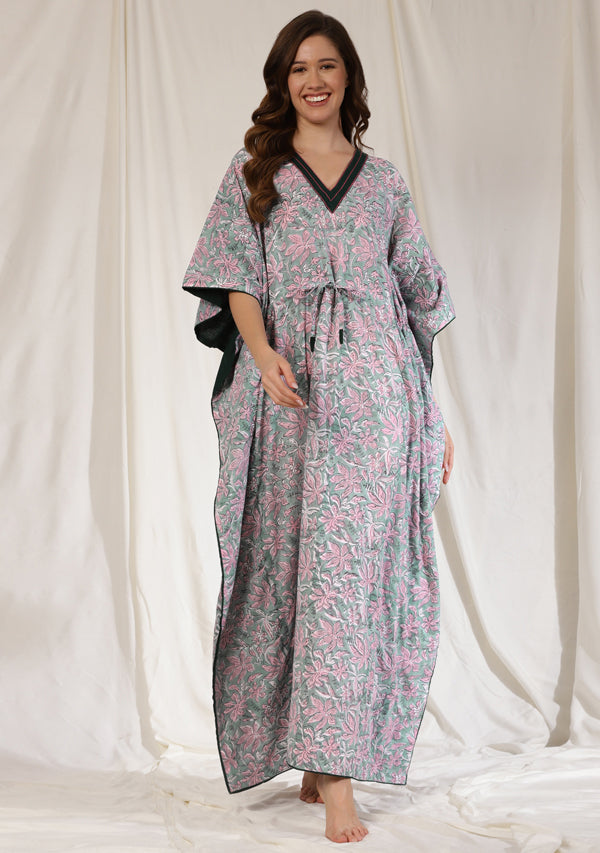 Aqua Pink Floral Hand Block Printed Calf Length Cotton Kaftan Dress –  uNidraa