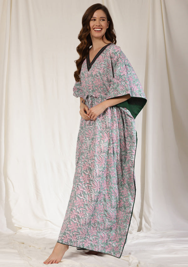 Aqua Pink Floral Hand Block Printed Calf Length Cotton Kaftan Dress –  uNidraa