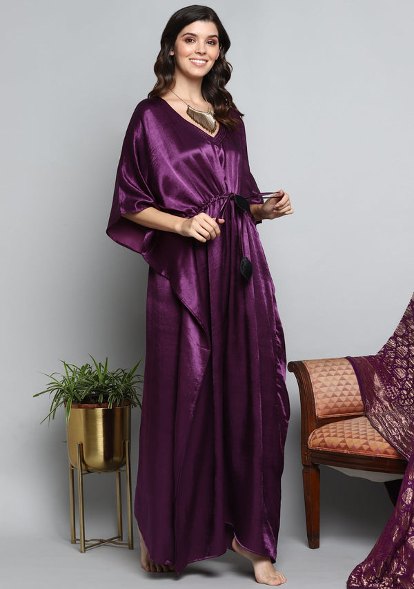 Black Maroon Printed Flower Motif Mushru Luxury Nighty Kaftan with