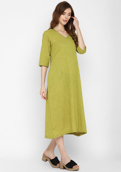 Olive Green V-Neck Cotton Dress with Pockets