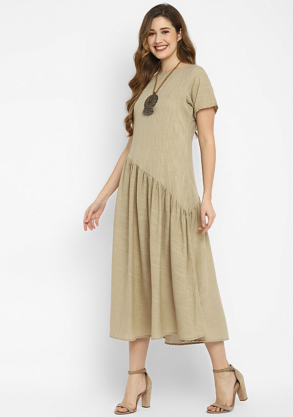 uNidraa  Aqua Calf Length Cotton Dress With Gathered Neckline