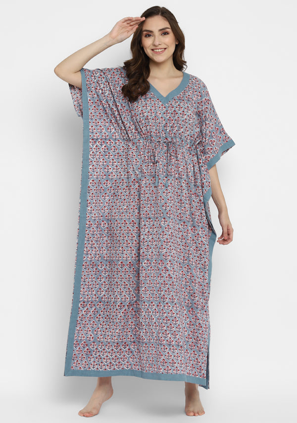 Aqua Pink Floral Hand Block Printed Calf Length Cotton Kaftan Dress –  uNidraa