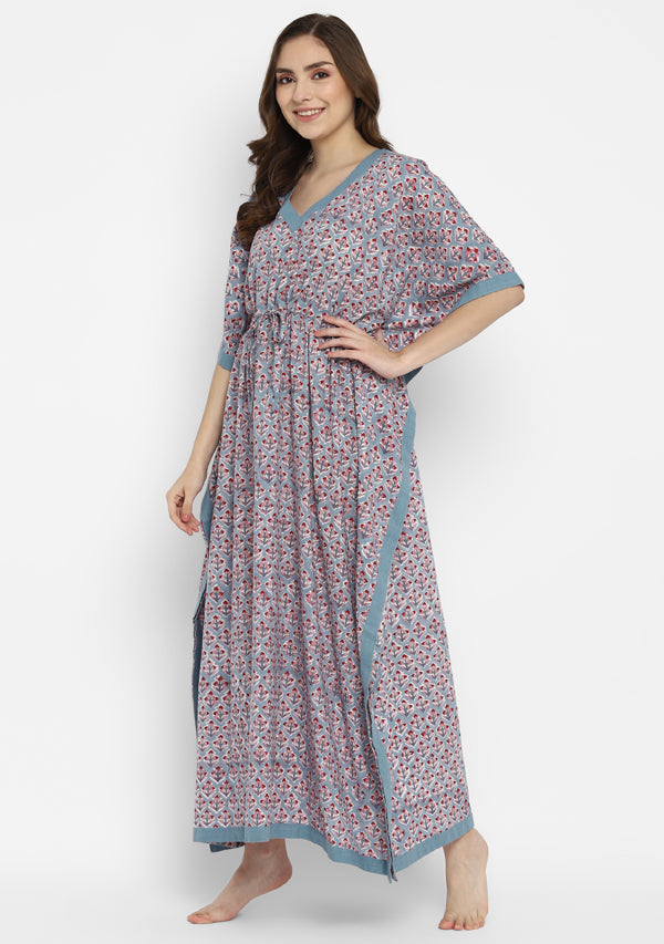 Aqua Pink Floral Hand Block Printed Calf Length Cotton Kaftan Dress –  uNidraa