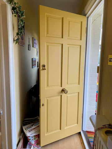 Painted yellow door Frenchic Paint.