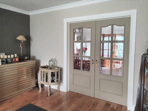Painted interior doors neutral beige with Funky Dora tone, waxy chalk paint Frenchic Paint.