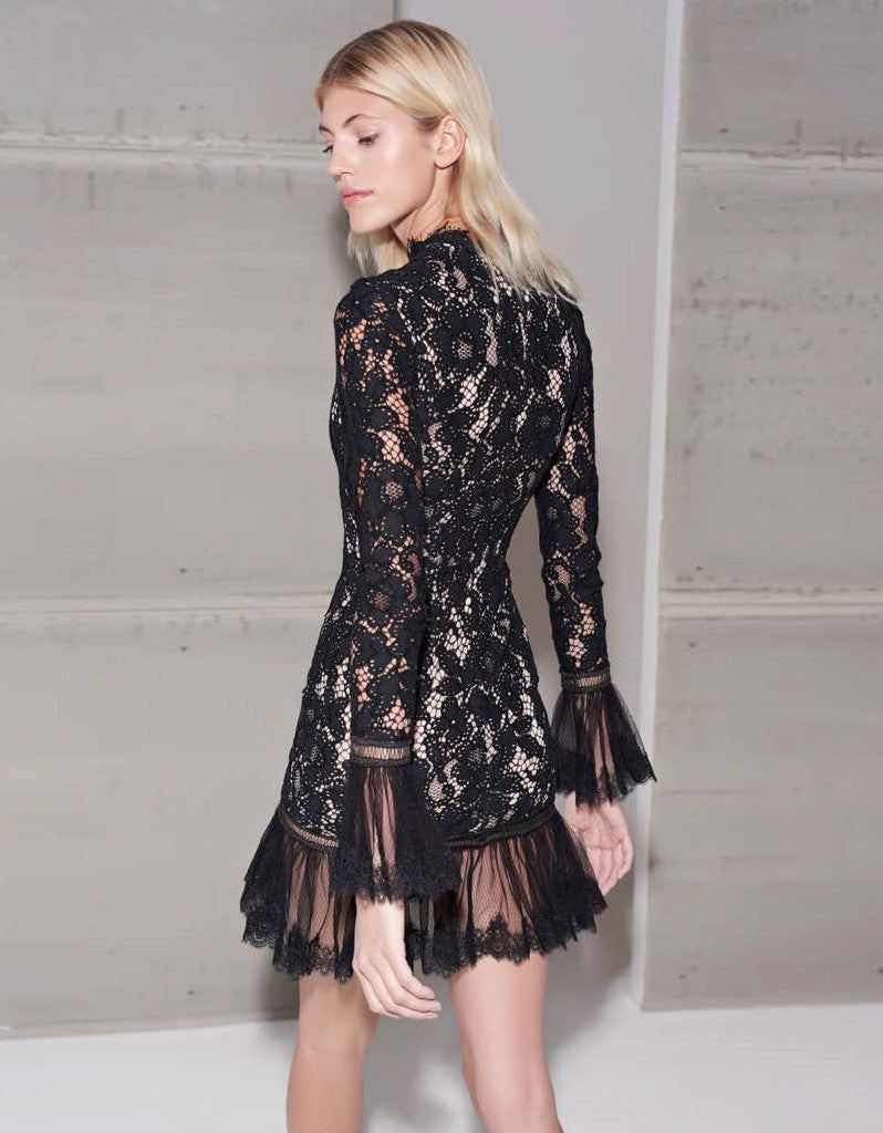 Alexis Nicole Long Sleeve Floral Lace Dress in Black | SWANK