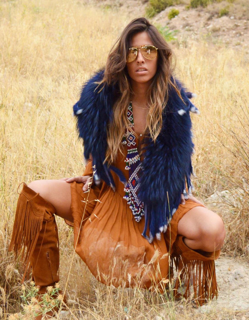 Gemma Alvarez Fur Collar with Fringe in Blue | Online in US at Swank ...