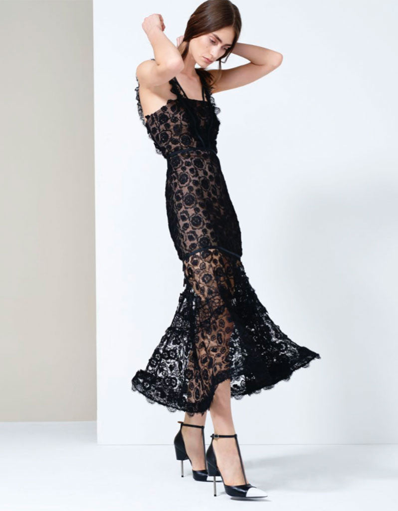 Alexis Lorelle Long Dress in Black Lace | SWANK