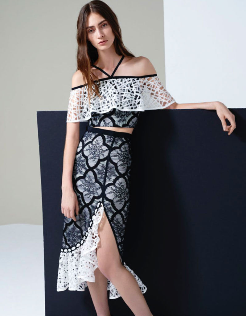 Alexis Natalie Ruffle Skirt in Black/White | SWANK