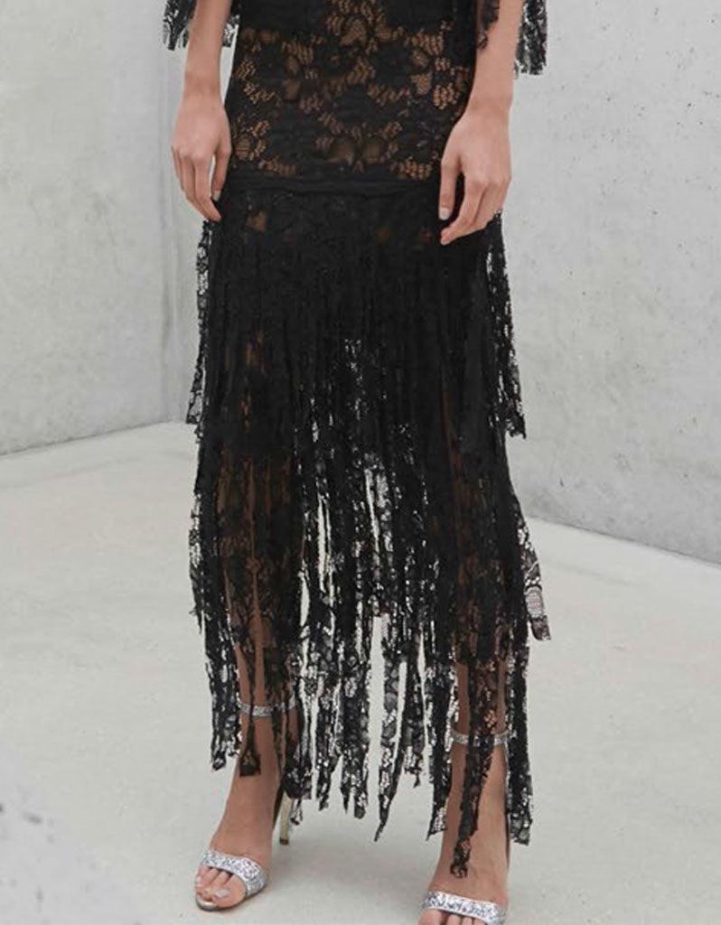 Alexis Jade Long Lace Dress w/ Lace Fringe in Black – SWANK