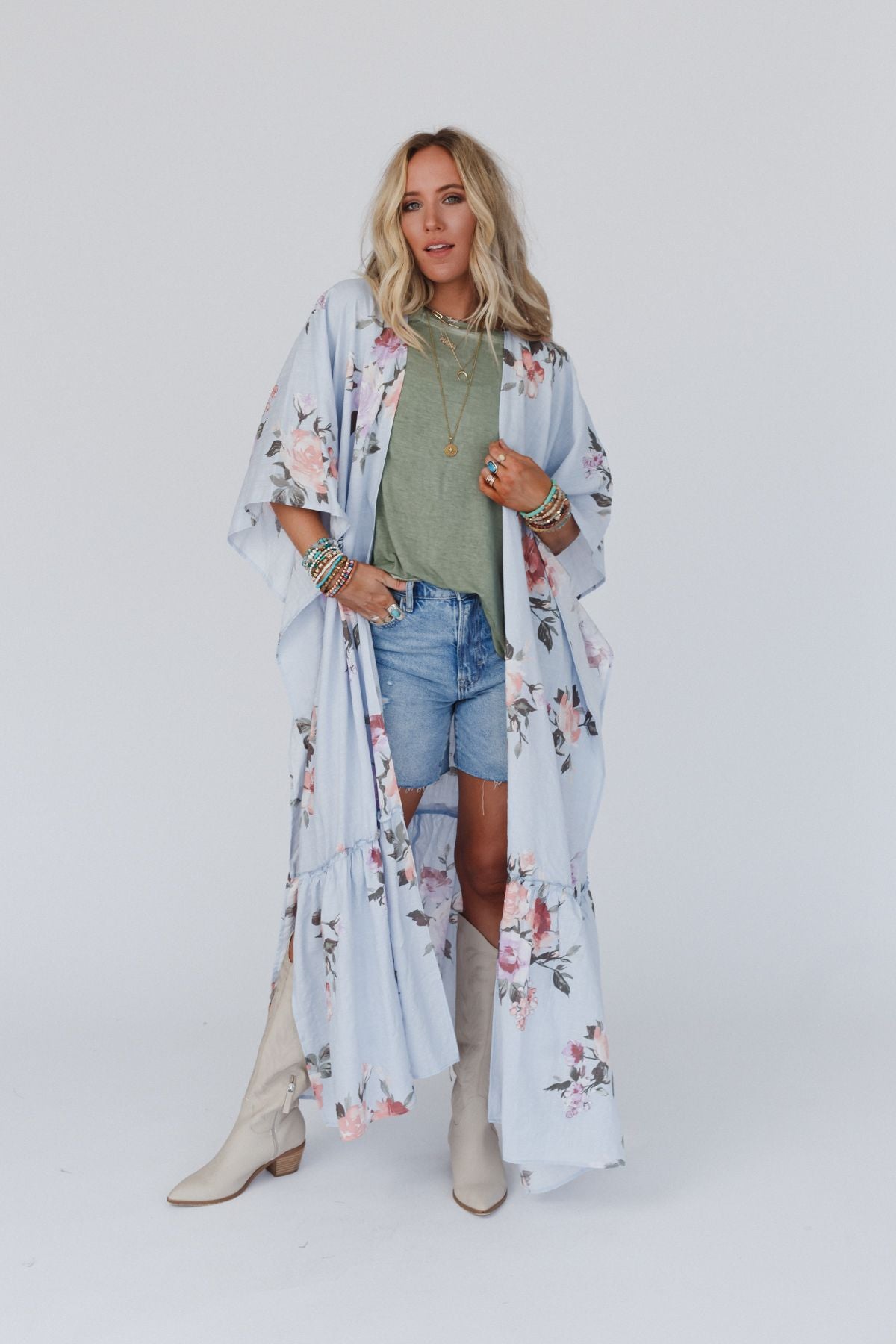 Tapestry Free Flow Duster Kimono - Light Blue Floral