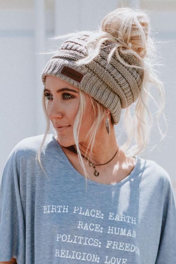 Messy Bun Beanie Ponytail Hat - Gray  Three Bird Nest