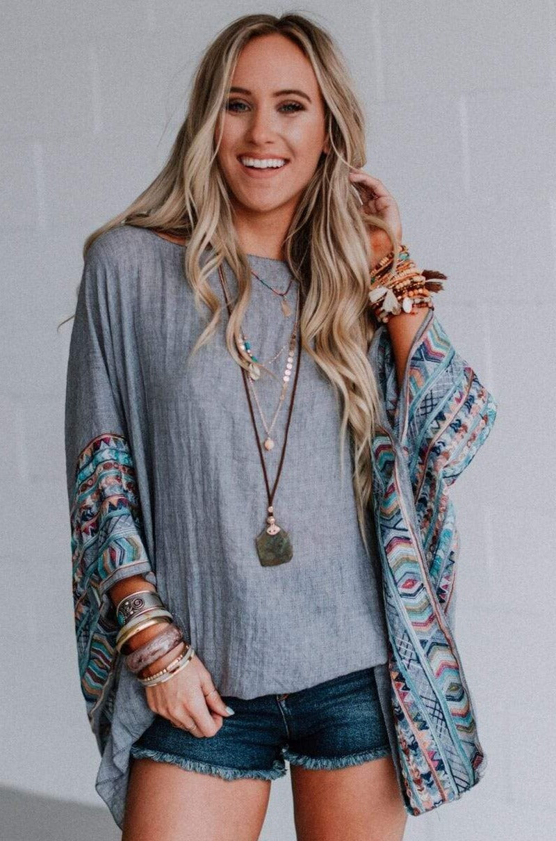 Fallon Embroidered Sleeve Poncho - Gray | Three Bird Nest