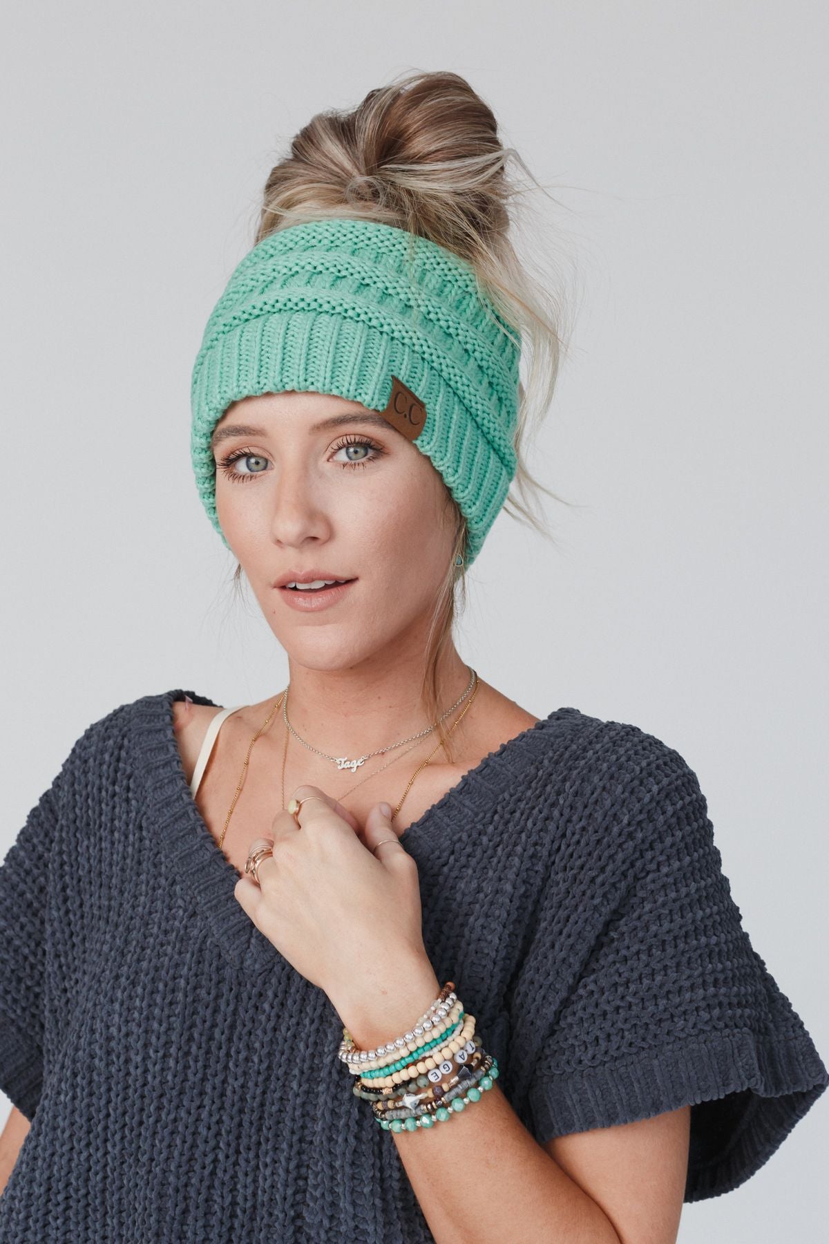 Messy Bun Knitted Beanie Hat - Sage