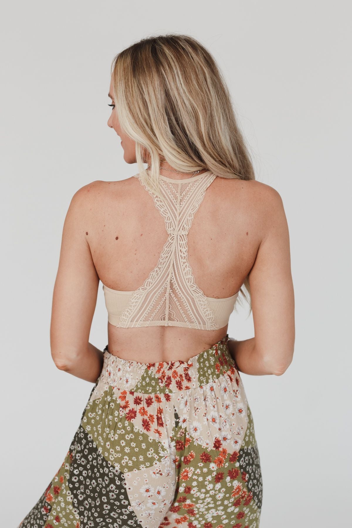 Evermore Seamless Lace Racerback Bralette - Beige