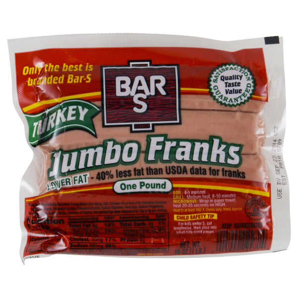 Bar S Jumbo Turkey Franks "Hot Dogs", Lower Fat, 16 oz