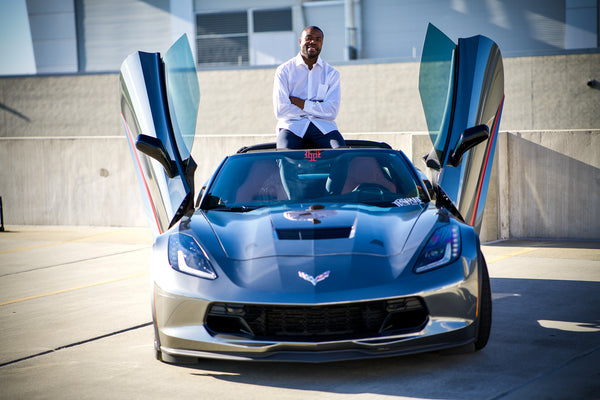 Clarance's Chevrolet Corvette C7 Grand Sport featuring Vertical Doors, Inc., vertical lambo doors conversion kit.