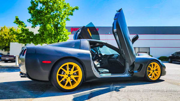 Vertical Lambo Doors Conversion installed on a Chevrolet Corvette C5 at Vertical Doors, Inc. 6-26-23 VDCCHEVYCOR9704 corvette c5 Z06 chevrolet chevy corvette vette c5 grandsport stingray Vertical Doors Inc Lambo Doors door conversion scissor doors