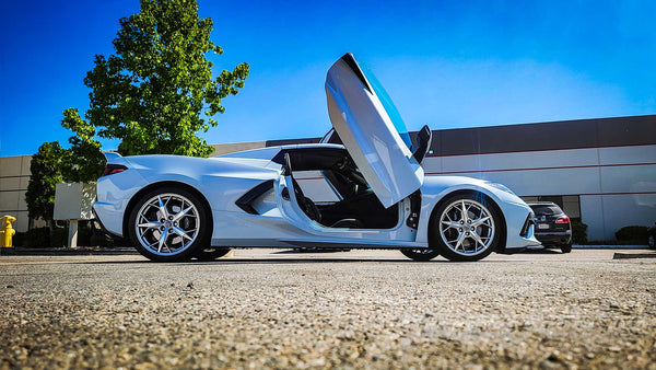 Lambo Doors Kit installed on a Chevrolet Corvette C8 by Vertical Doors, Inc. in California VDCCHEVYCORC820 CA chevy vette c8,door conversion, scissor doors, lambo doors, 